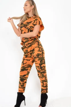 Rebellious Fashion Orange Camo Print Jumper And Joggers Co-ord - Kaelee