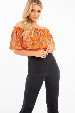 Rebellious Fashion Orange Chain Print Bardot Bodysuit - Peeta