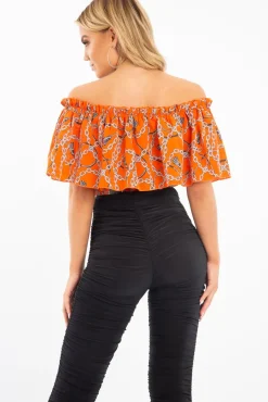 Rebellious Fashion Orange Chain Print Bardot Bodysuit - Peeta