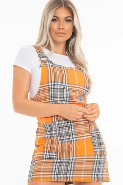 Rebellious Fashion Orange Check Ring Detail Pinafore Dress - Blaire