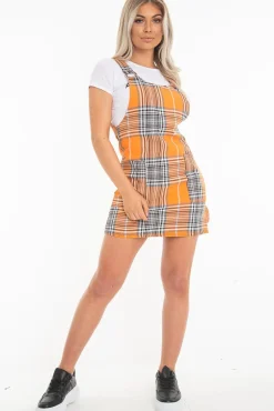 Rebellious Fashion Orange Check Ring Detail Pinafore Dress - Blaire