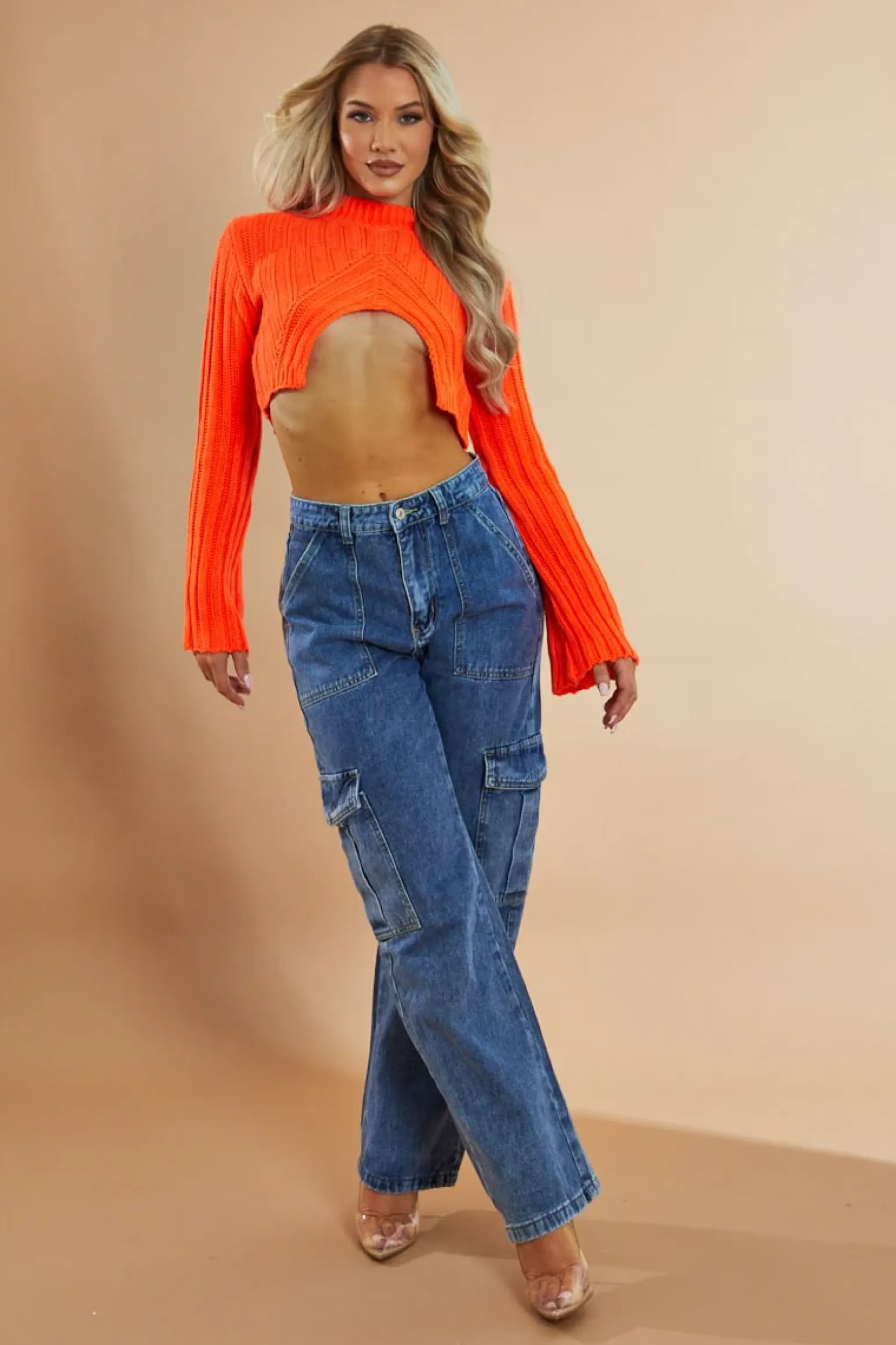 Rebellious Fashion Orange Chunky Knit High Neck Cropped Jumper - Pallas