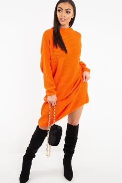 Rebellious Fashion Orange Chunky Knit Slash Neck Jumper Dress - Hessie