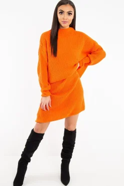 Rebellious Fashion Orange Chunky Knit Slash Neck Jumper Dress - Hessie