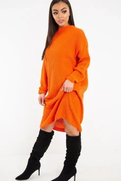Rebellious Fashion Orange Chunky Knit Slash Neck Jumper Dress - Hessie