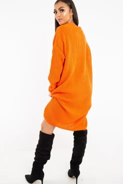 Rebellious Fashion Orange Chunky Knit Slash Neck Jumper Dress - Hessie