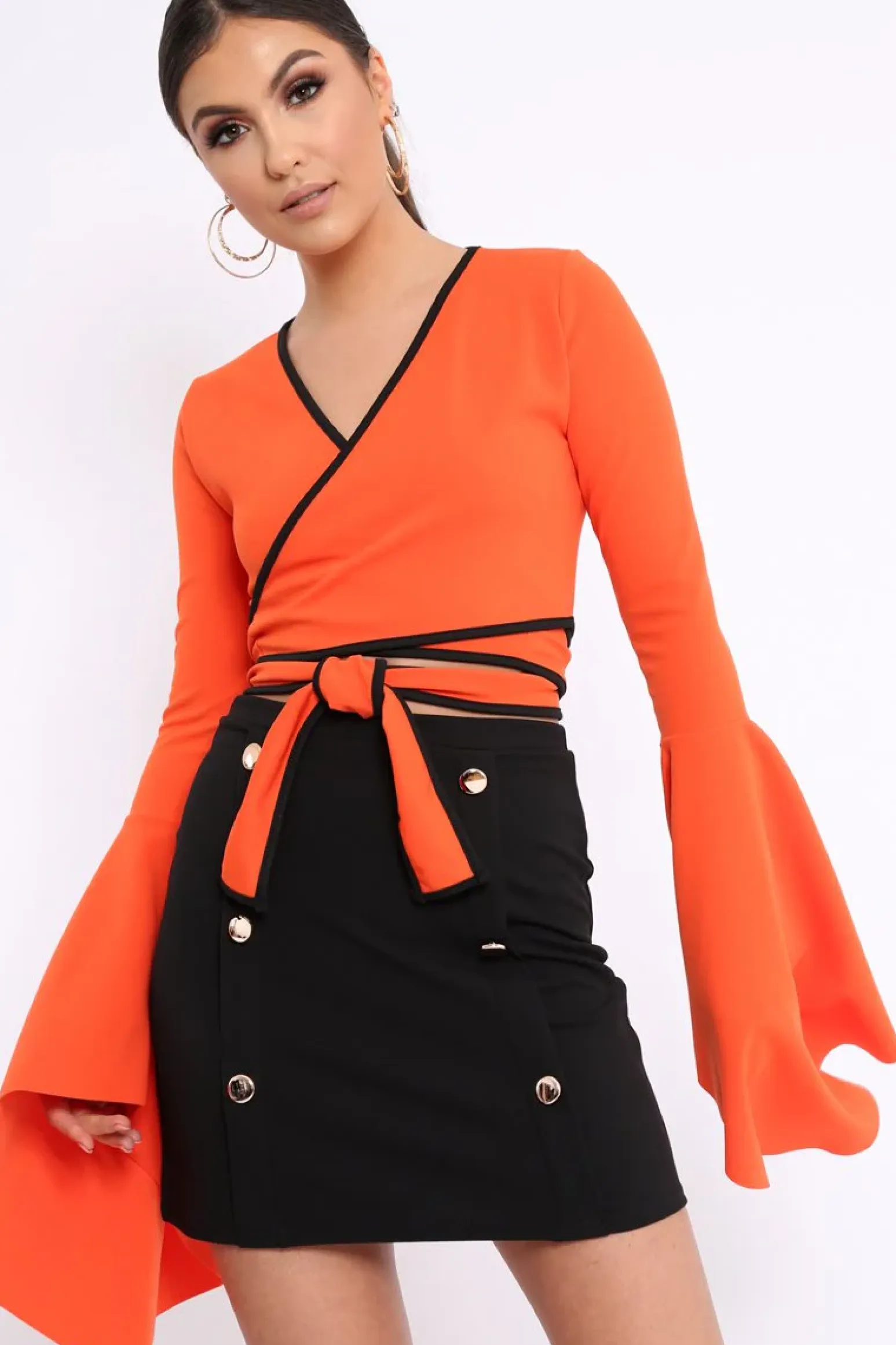 Rebellious Fashion Orange Contrast Trim Tie Front Crop Top - Jaxy