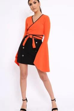 Rebellious Fashion Orange Contrast Trim Tie Front Crop Top - Jaxy