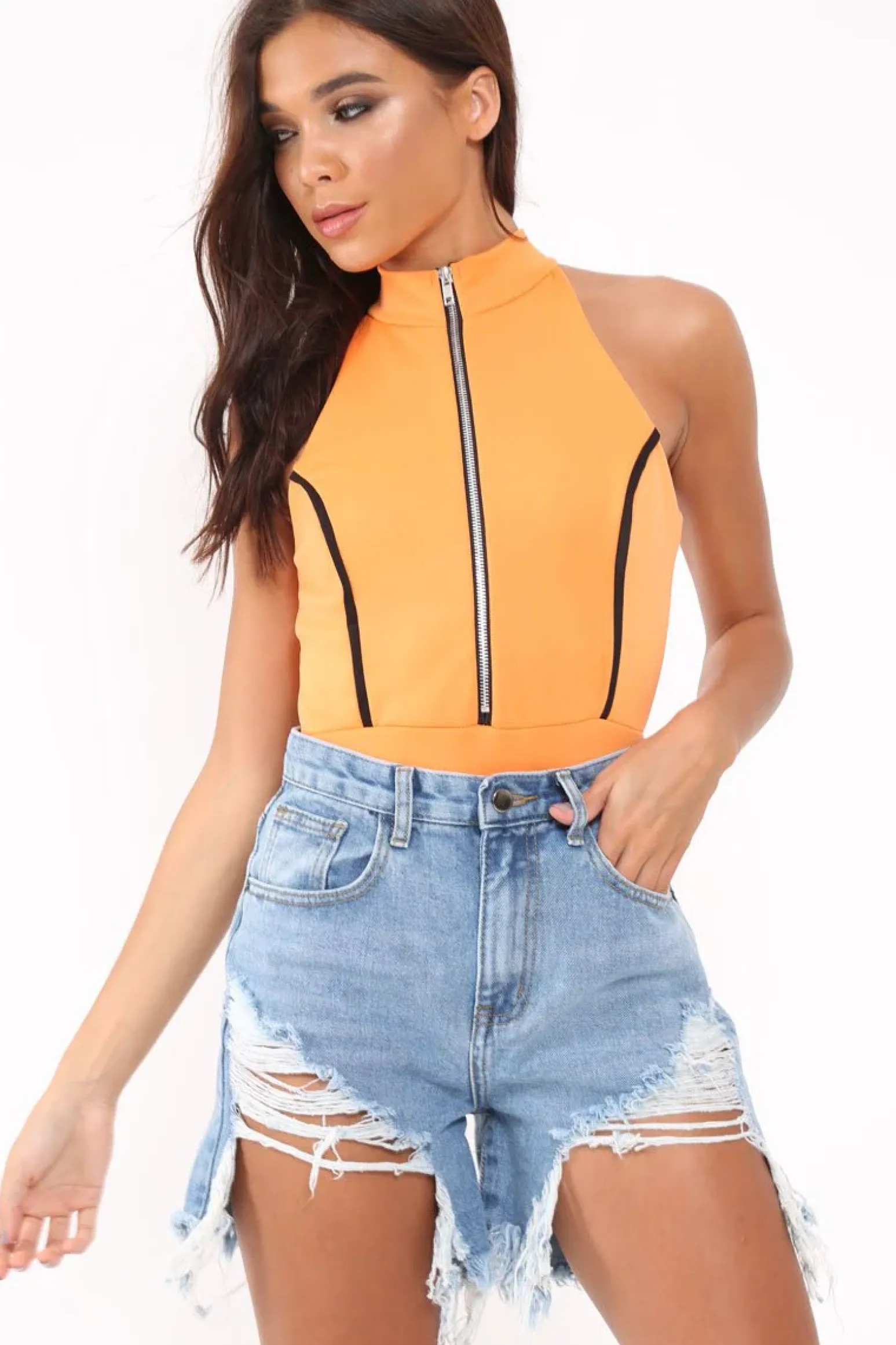 Rebellious Fashion Orange Contrast Zip Front Bodysuit - Odine