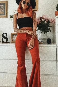 Rebellious Fashion Orange Corduroy Extreme Flared Trousers - Henna