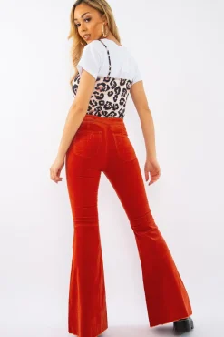 Rebellious Fashion Orange Corduroy Extreme Flared Trousers - Henna