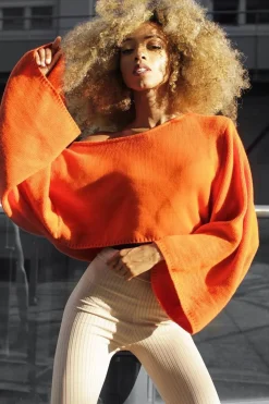 Rebellious Fashion Orange Cropped Batwing Jumper - Carmin