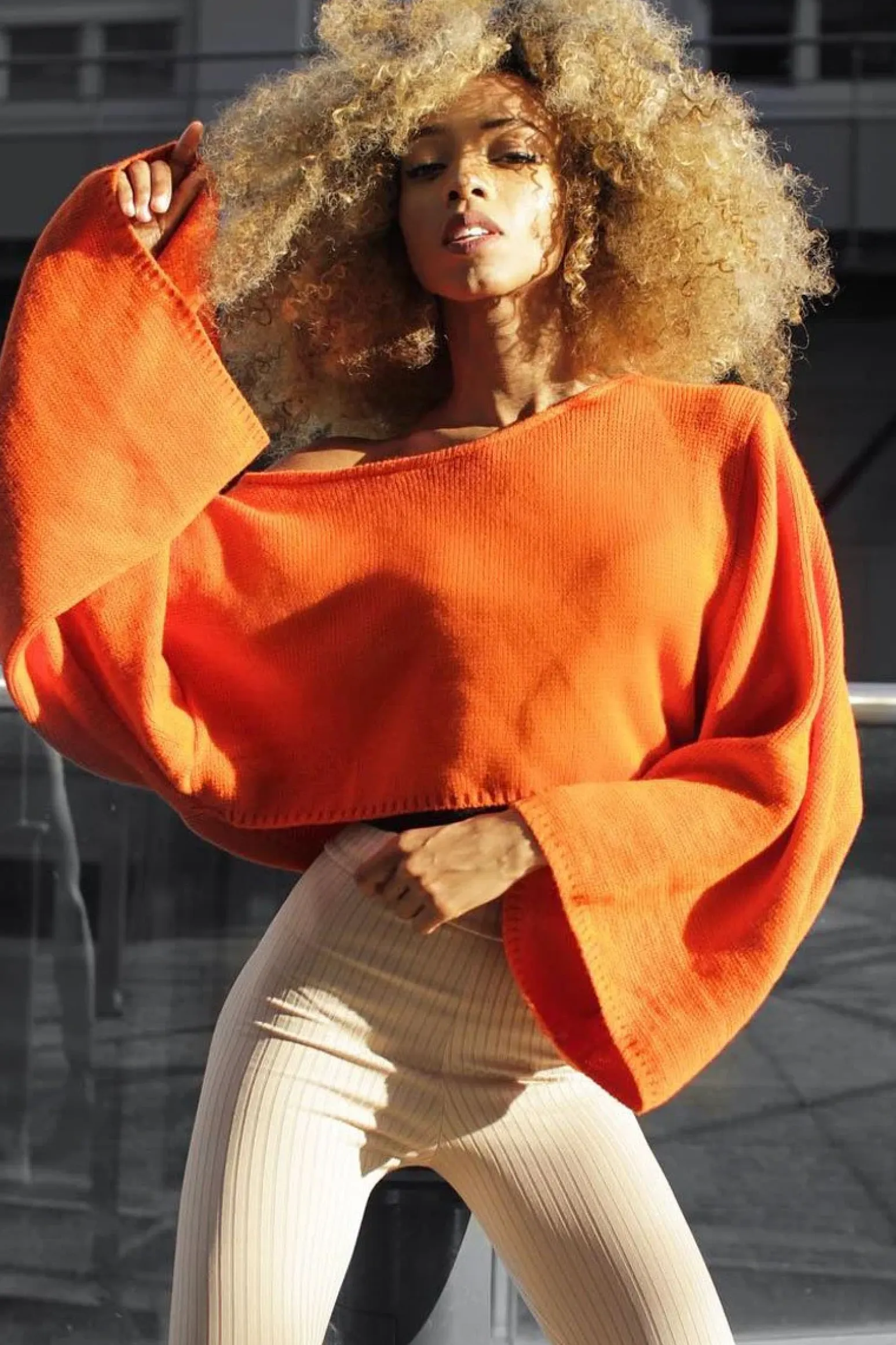 Rebellious Fashion Orange Cropped Batwing Jumper - Carmin