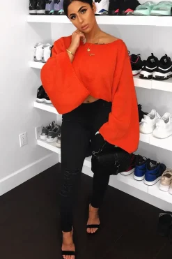Rebellious Fashion Orange Cropped Batwing Jumper - Carmin