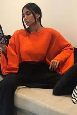 Rebellious Fashion Orange Cropped Batwing Jumper - Carmin