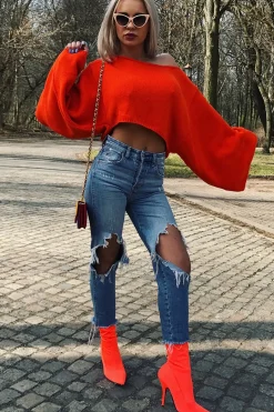 Rebellious Fashion Orange Cropped Batwing Jumper - Carmin