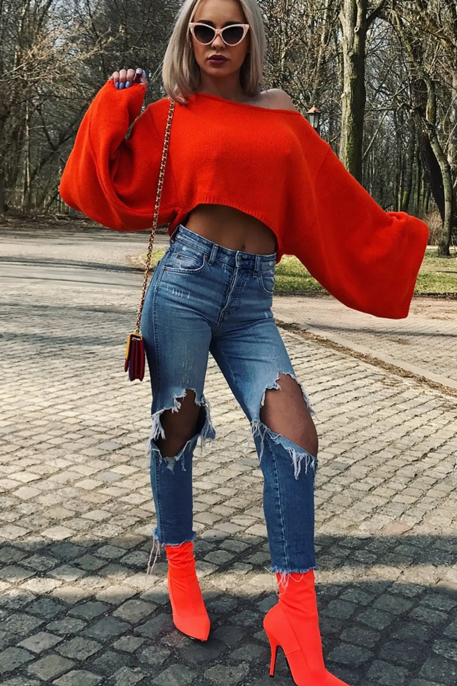 Rebellious Fashion Orange Cropped Batwing Jumper - Carmin