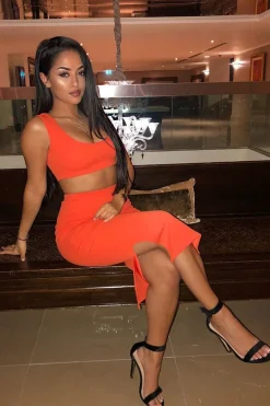 Rebellious Fashion Orange Crop Top And Split Hem Midi Skirt Co-ord - Daley