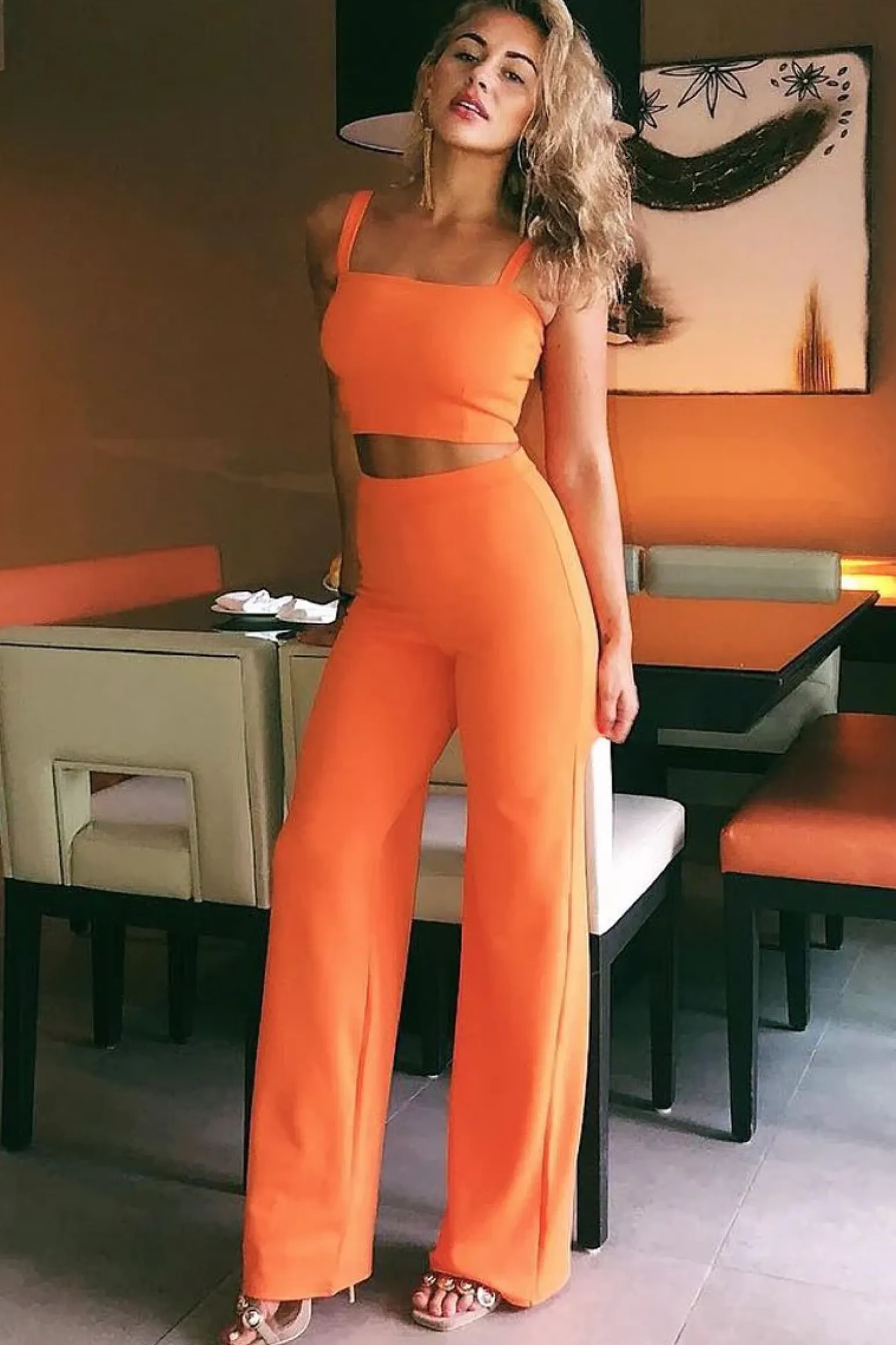 Rebellious Fashion Orange Crop Top and Trousers Co-ord Set - Kimmy