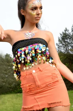 Rebellious Fashion Orange Denim Rip Mini Skirt - Selenia