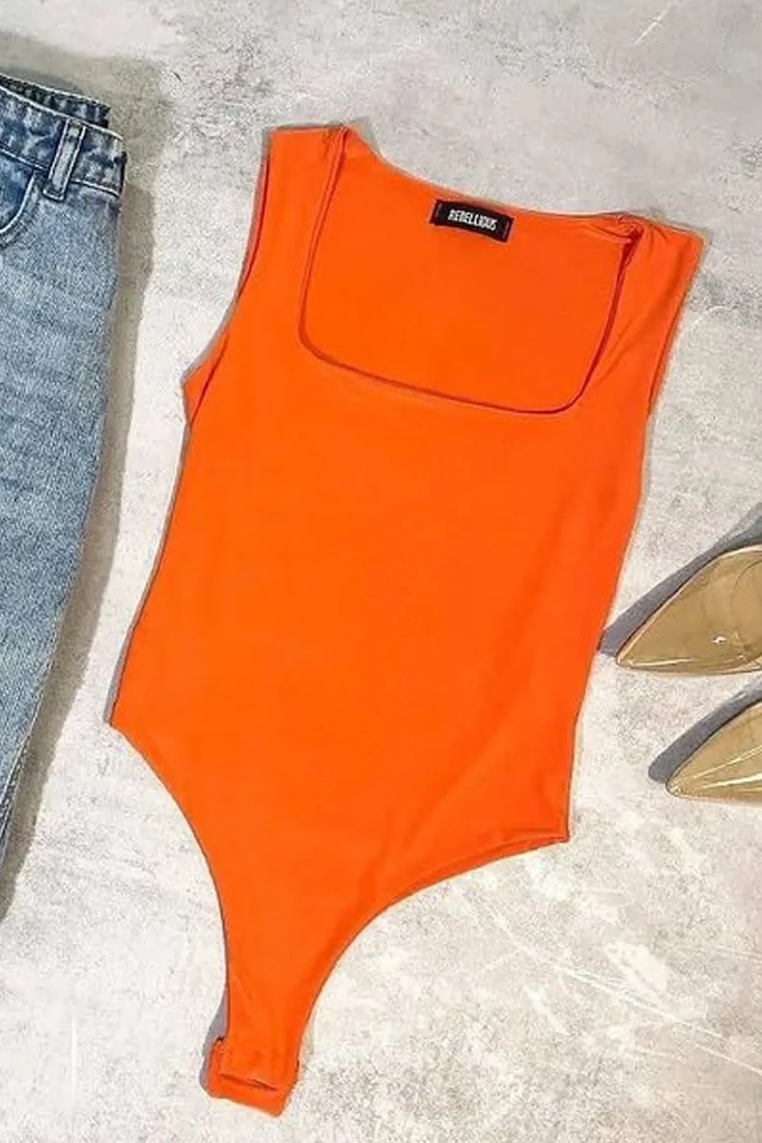 Rebellious Fashion Orange Double Layered Slinky Square Neck Bodysuit - Iriana