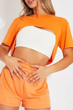 Rebellious Fashion Orange Extreme Cropped Hem T-shirt - Iliana