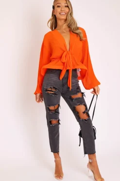 Rebellious Fashion Orange Extreme Plunge Structured Peplum Pleated Top - Ivy