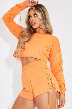 Rebellious Fashion Orange Eyelet Lace Up Shorts - Philippa