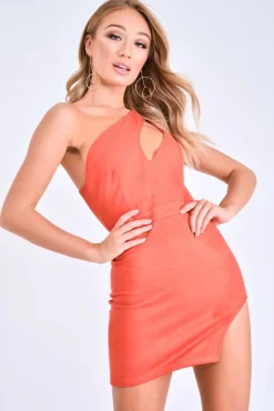 Rebellious Fashion Orange Faux Suede Cut Out One Shoulder Mini Dress - Leihla