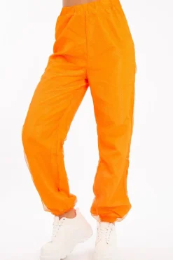 Rebellious Fashion Orange Fishnet Cuffed Joggers - Ryia