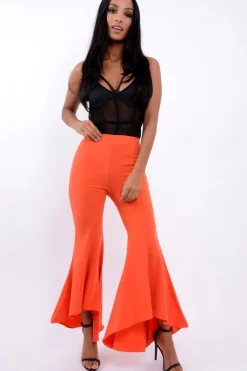 Rebellious Fashion Orange Flare Dip Hem Trousers - Fraya