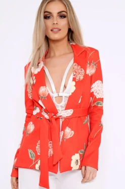 Rebellious Fashion Orange Floral Belted Blazer - Kenna