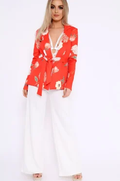 Rebellious Fashion Orange Floral Belted Blazer - Kenna