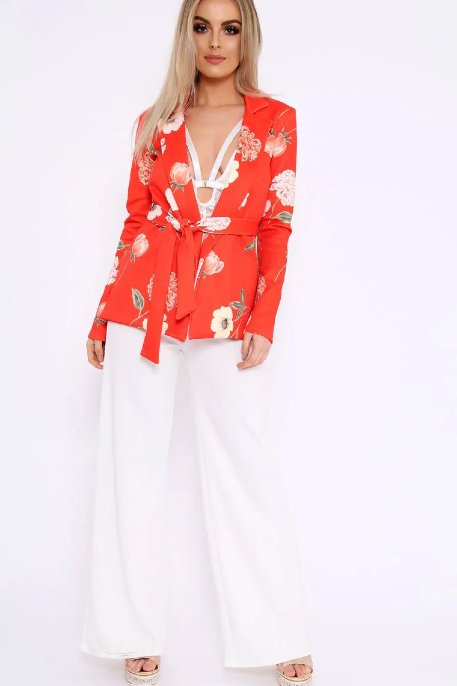 Rebellious Fashion Orange Floral Belted Blazer - Kenna