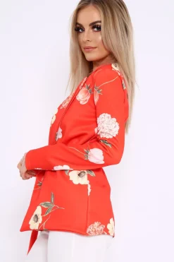 Rebellious Fashion Orange Floral Belted Blazer - Kenna