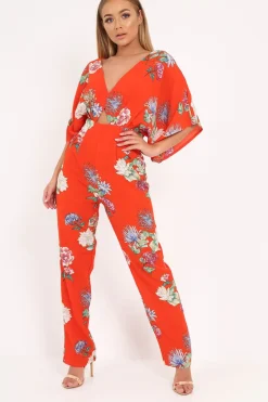 Rebellious Fashion Orange Floral Kimono Sleeve Jumpsuit - Pilar