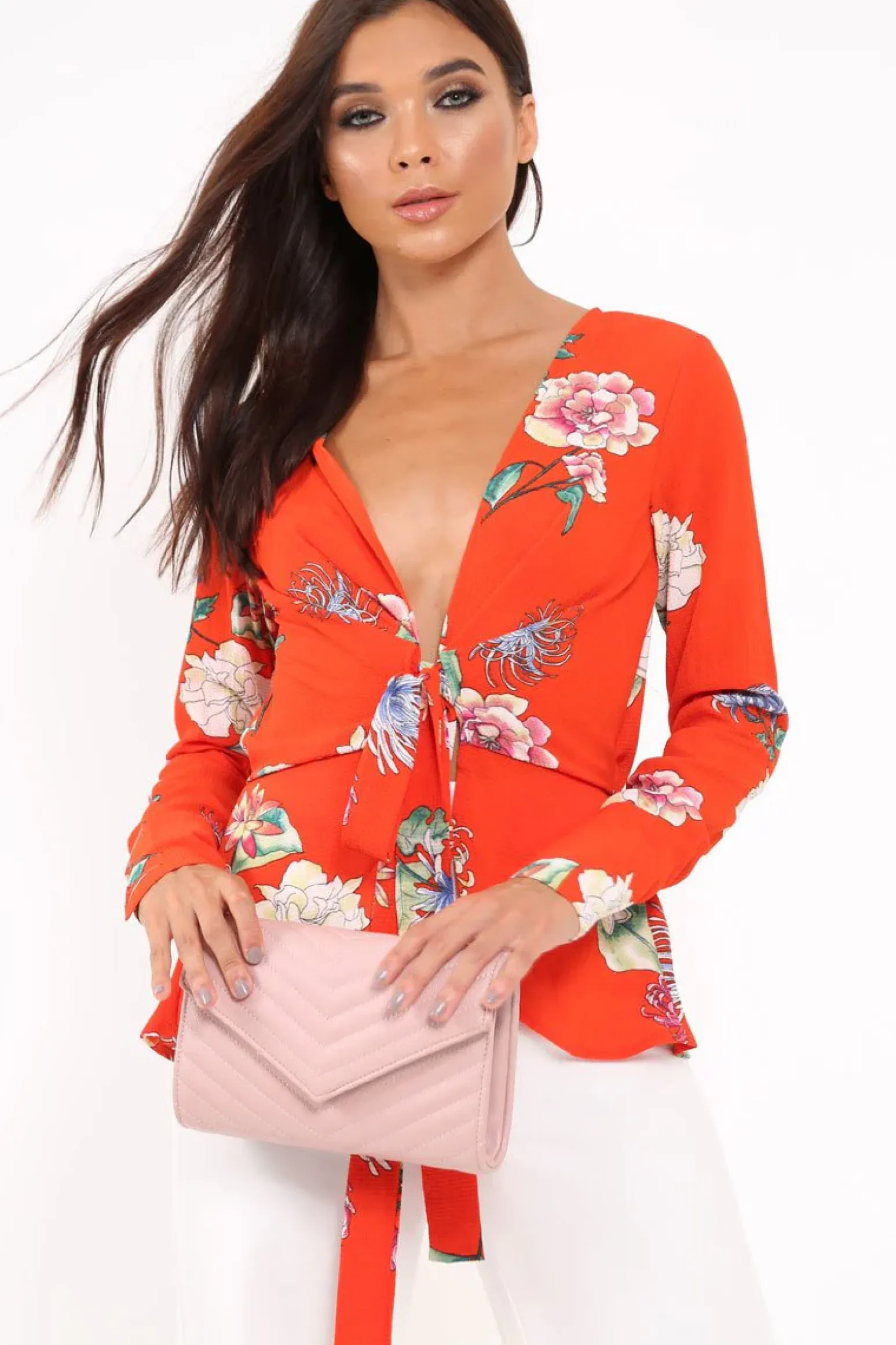 Rebellious Fashion Orange Floral Plunge Tie Front Shirt - Halina