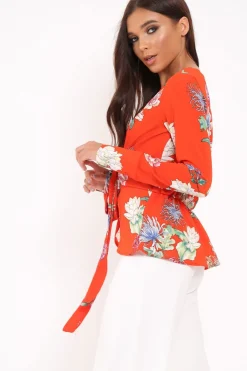 Rebellious Fashion Orange Floral Plunge Tie Front Shirt - Halina