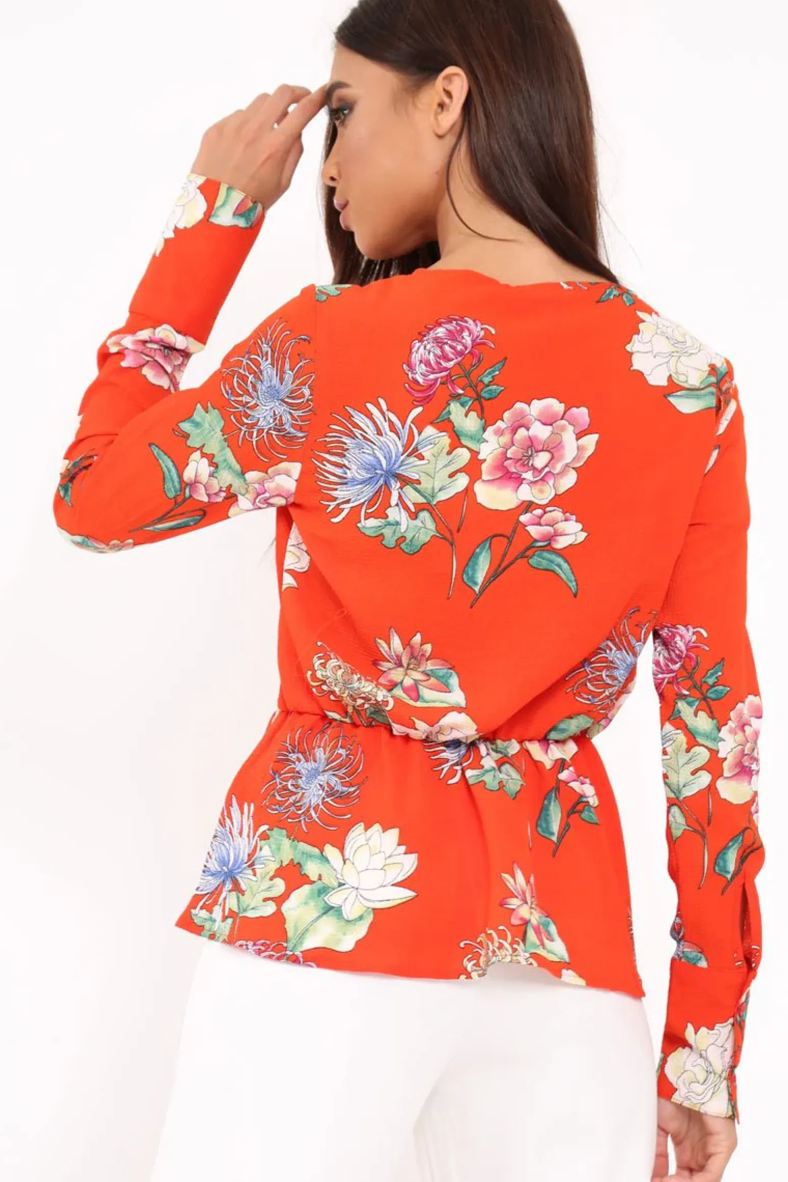 Rebellious Fashion Orange Floral Plunge Tie Front Shirt - Halina