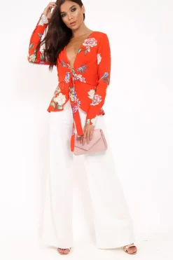 Rebellious Fashion Orange Floral Plunge Tie Front Shirt - Halina