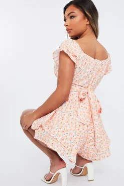 Rebellious Fashion Orange Floral Print Frill Playsuit - Palmira