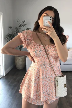 Rebellious Fashion Orange Floral Print Frill Playsuit - Palmira