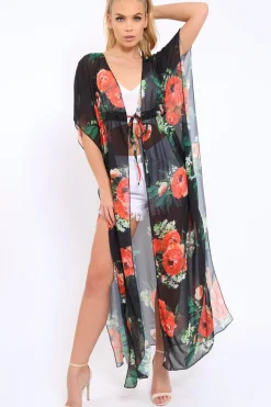 Rebellious Fashion Orange Floral Print Long Kimono - Vonda