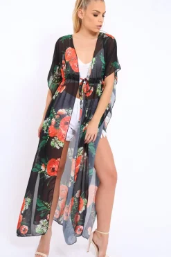 Rebellious Fashion Orange Floral Print Long Kimono - Vonda