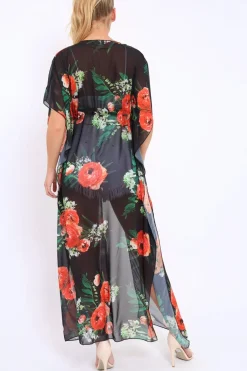 Rebellious Fashion Orange Floral Print Long Kimono - Vonda