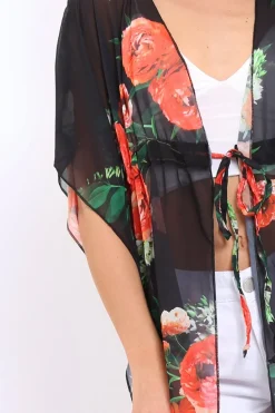 Rebellious Fashion Orange Floral Print Long Kimono - Vonda
