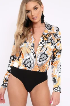 Rebellious Fashion Orange Floral Print Plunge Satin Bodysuit - Hetty