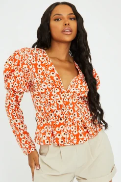 Rebellious Fashion Orange Floral Print Puff Sleeve Top - Zoey
