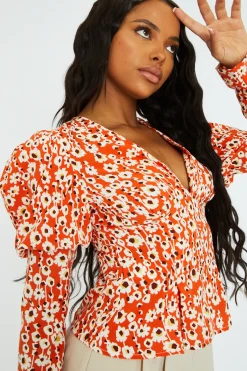 Rebellious Fashion Orange Floral Print Puff Sleeve Top - Zoey