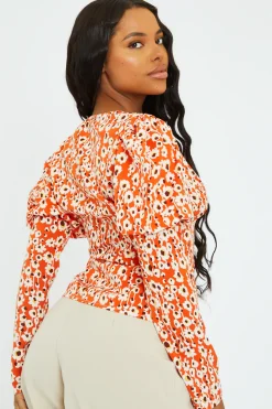 Rebellious Fashion Orange Floral Print Puff Sleeve Top - Zoey